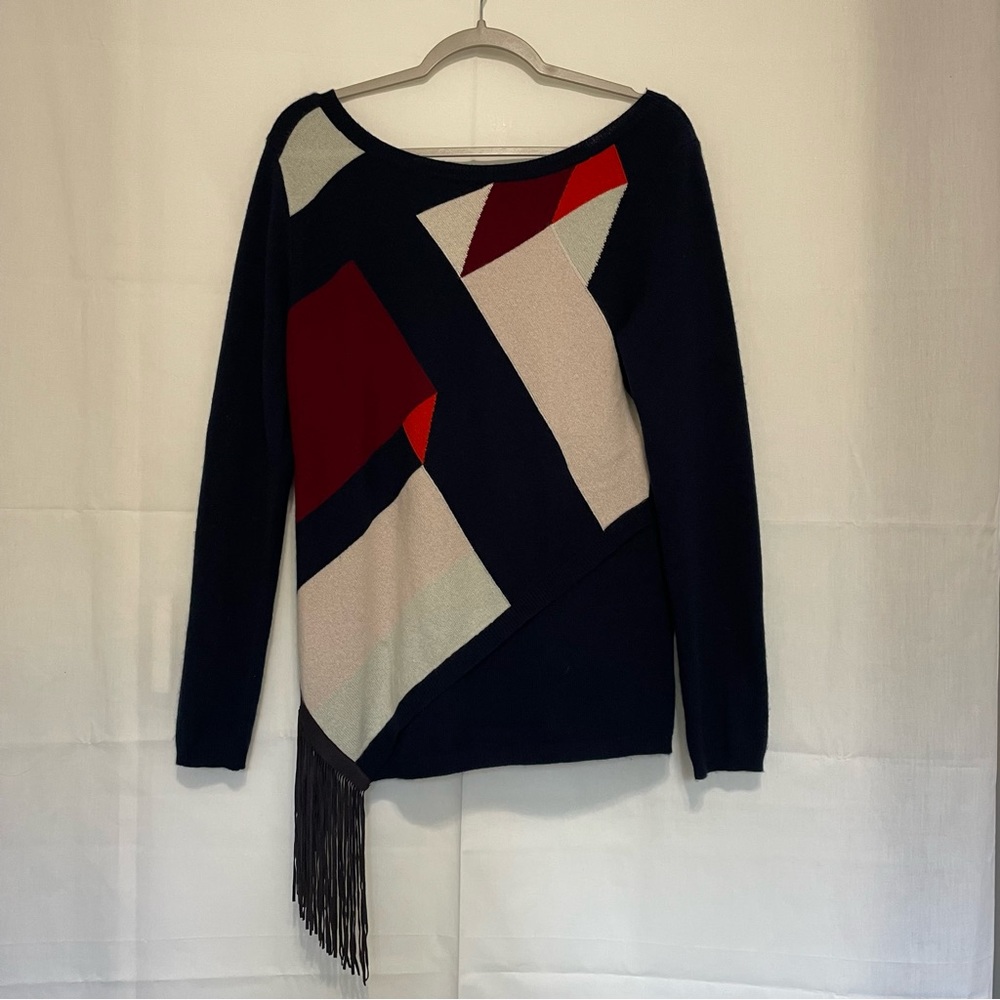 Cashmere Sweater with Leather Fringe by FOUNDRAE | Size M | Navy Red White